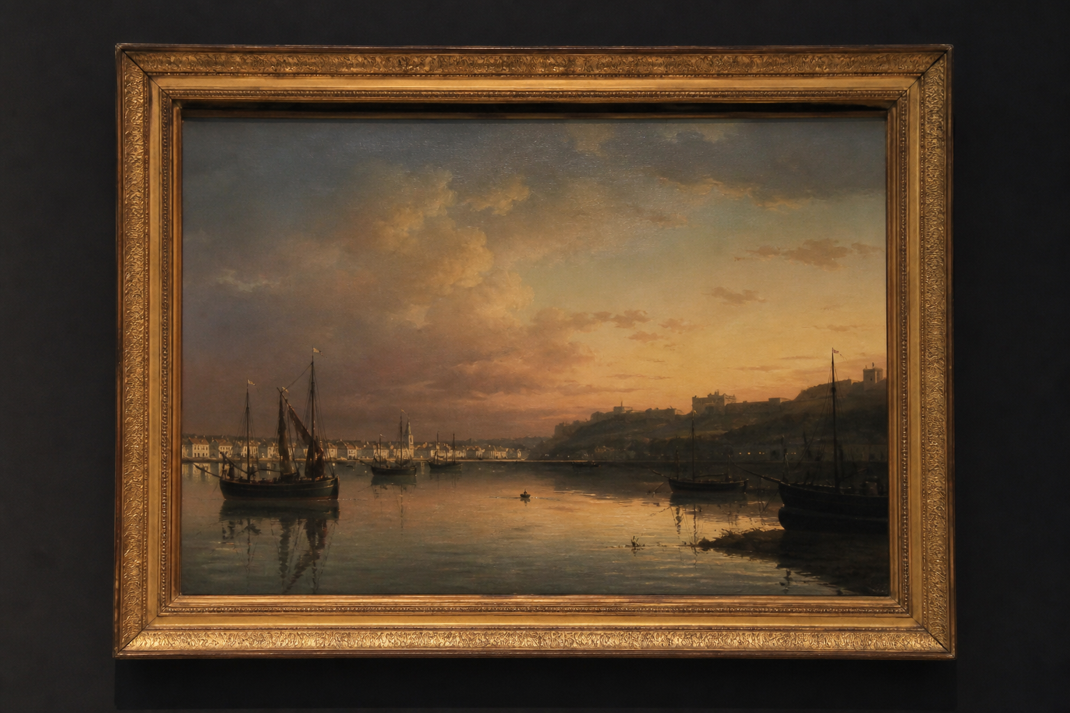 Jersey school oil, St Aubin harbour at dusk